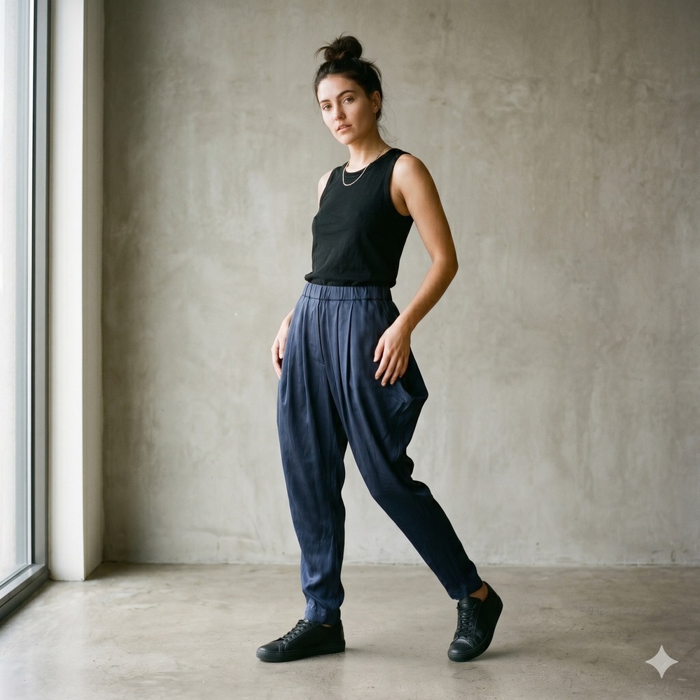 Funktional Women Pants XS Navy Blue 100%‎ Silk Pleated Harem Avant Garde